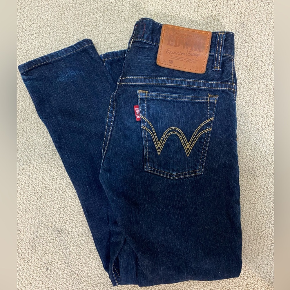 Edwin Men's Slim Jeans in Dark Blue with Brown Leather Patch